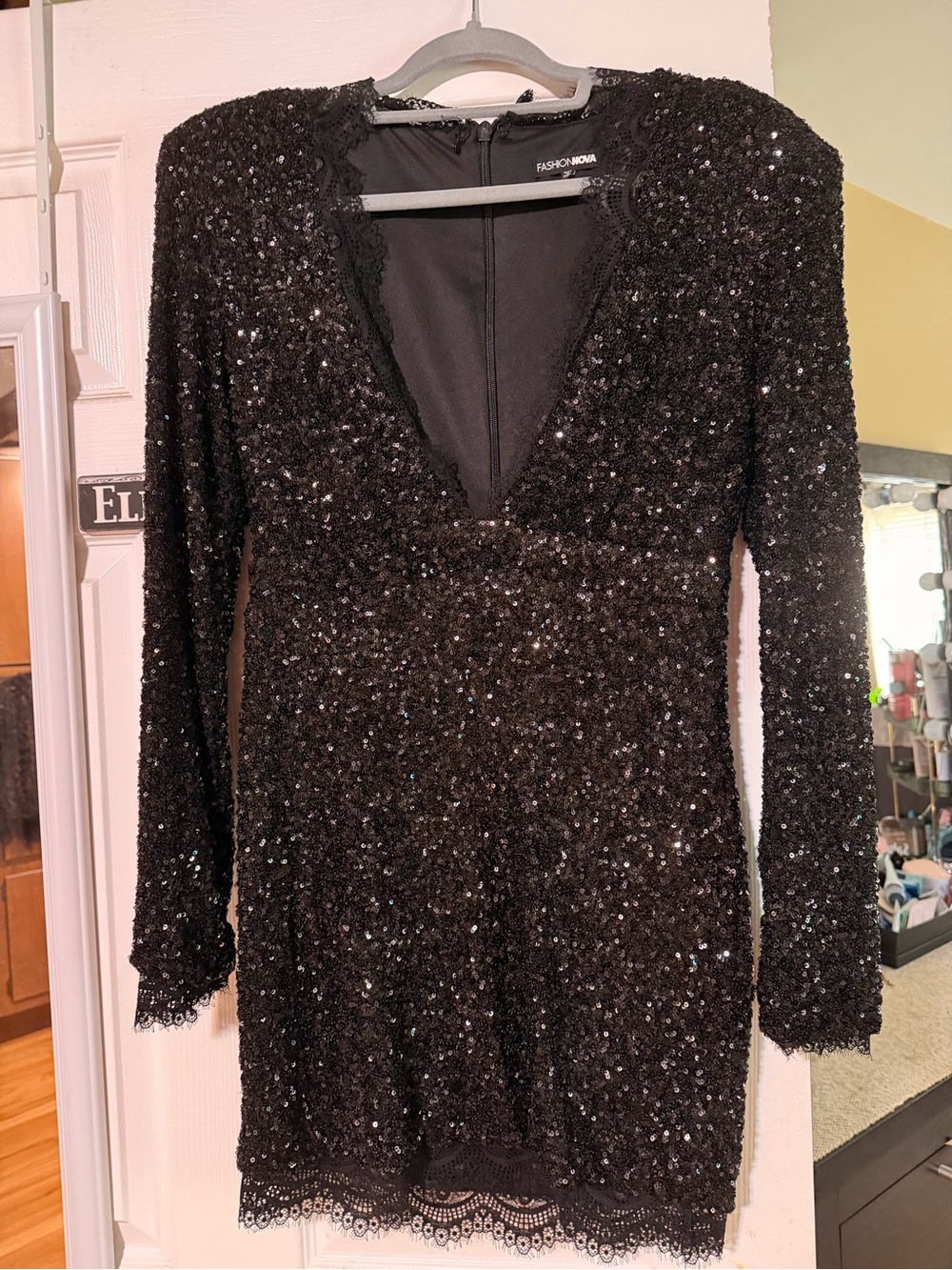 Fashion Nova Black Sequin Long Sleeve Deep V Mini Dress